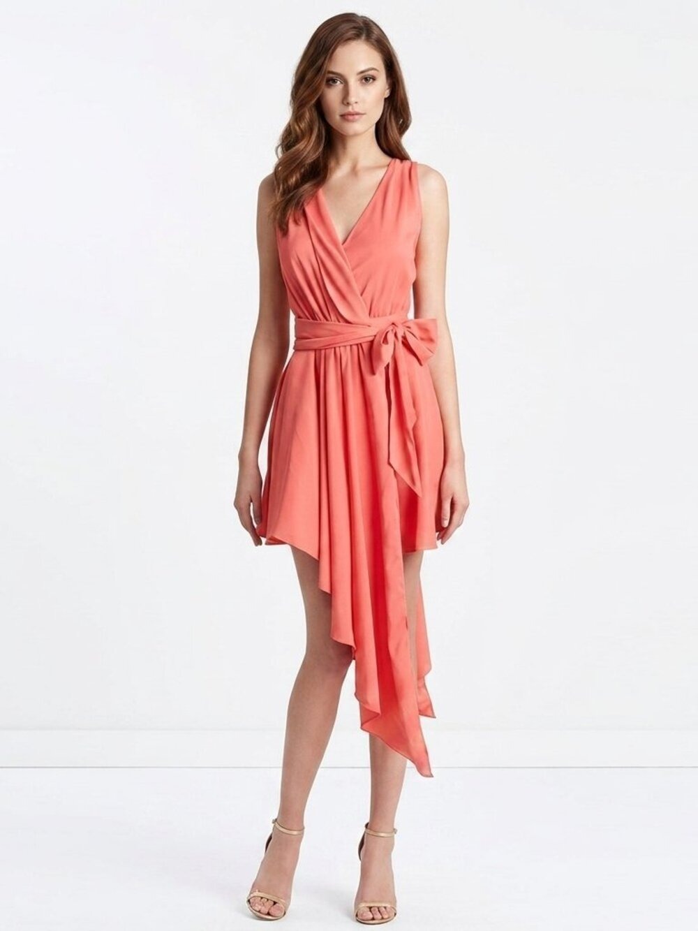 *Guess by Marciano Coral Asymmetrical Wrap Dress Ruffle Hem S